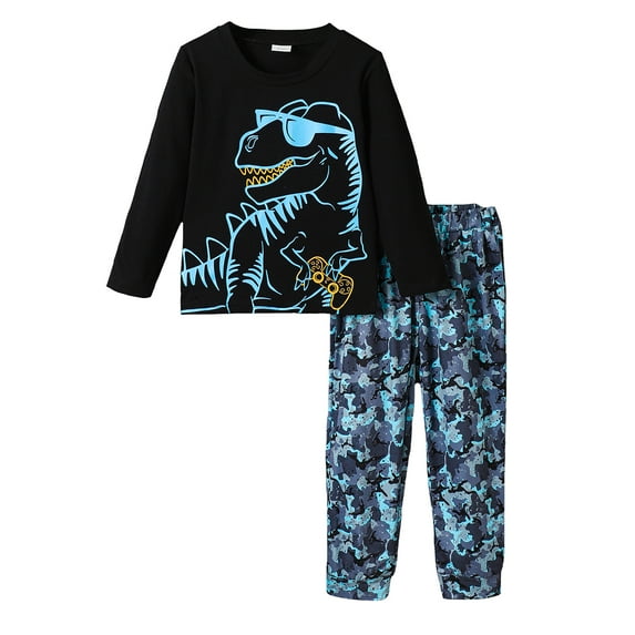 4T Baby Boys Clothes 5T Boys 2PCS Fall Winter Outfits Set Dinosaur Print Round Neck Toddler Boys Long Sleeve Top Pants Set Black