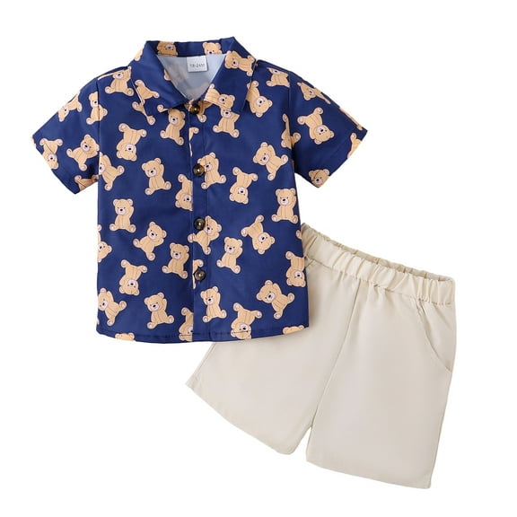 4T Baby Boys Clothes 5T Boys 2PCS Summer Outfits Set Bear Print Toddler Boys Short Sleeve Top Shorts Set Blue