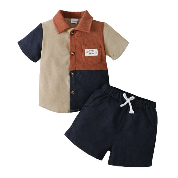 4T Baby Boys Clothes 5T Boys 2PCS Summer Outfits Set Lapel Design Toddler Boys Short Sleeve Color-blocked Shirt Top Shorts Set Blue