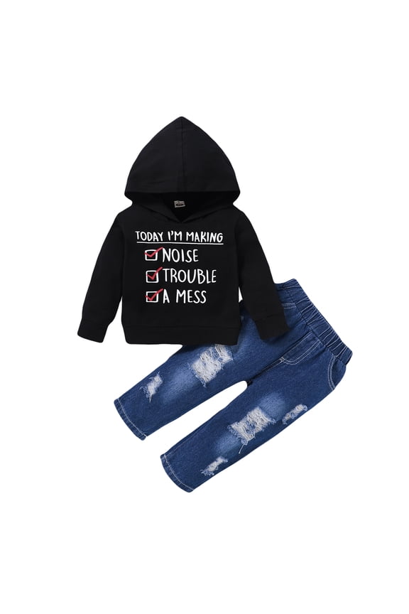 4T Baby Boys Clothes 5T Boys 2PCS Winter Clothing Set Letter Print Toddler Boys Long Sleeve Hoodie Top Ripped Jeans Pants Set Black