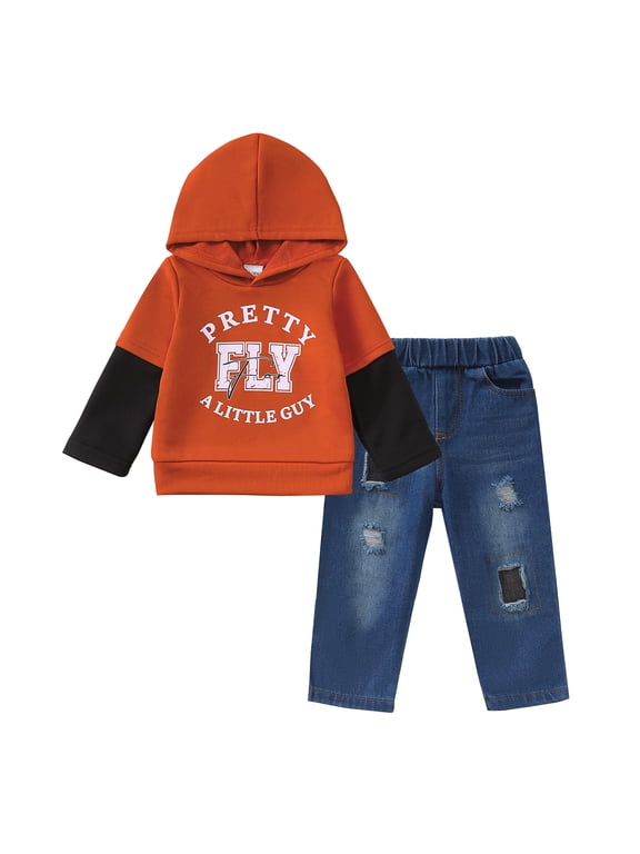 4T Baby Boys Clothes 5T Boys Fall Winter Pant Set Toddler Boys Long Sleeve Letter Print Hooded Top Jeans Pants 2PCS Outfits Set Brown