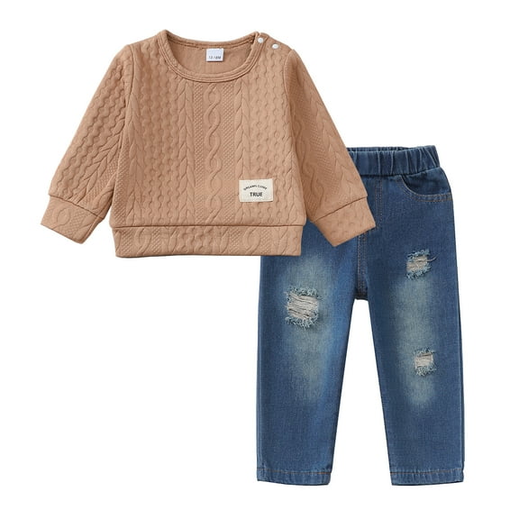 4T Baby Boys Clothes 5T Boys Fall Winter Pant Set Toddler Boys Long Sleeve Round Neckline Top Jeans Pants 2PCS Outfits Set Khaki