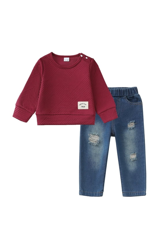 4T Baby Boys Clothes 5T Boys Fall Winter Pant Set Toddler Boys Long Sleeve Round Neckline Top Jeans Pants 2PCS Outfits Set Red