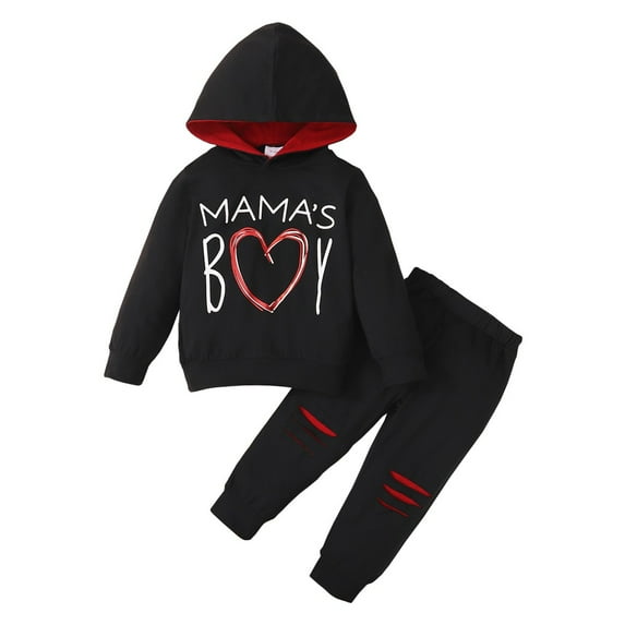 4T Baby Boys Clothes Baby Boy Outfits 4-5T Toddler Boys Letter Print Long Sleeve Hooded Tops Ripped Pants 2PCS Set Black
