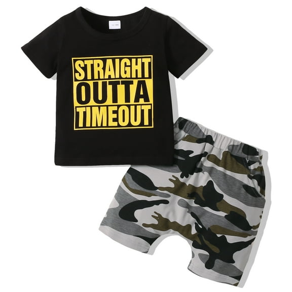 4T Baby Boys Clothes Baby Boys 2PCS Summer Outfits 4-5T Boys Letter Print Short Sleeve Top Camouflage Shorts Set Black