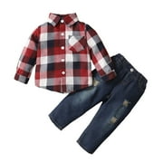 MIOGLRIE 4T Baby Boys Outfits 5T Boys 2PCS Fall Winter Clothing Set Toddler Boys Long Sleeve Plaid Top Denim Pants Set Red and White