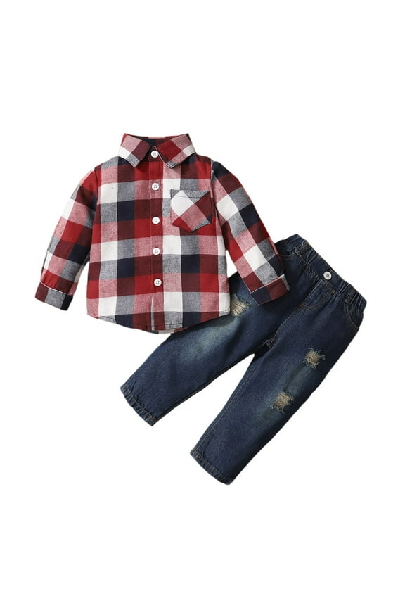 4T Baby Boys Outfits 5T Boys 2PCS Fall Winter Clothing Set Toddler Boys Long Sleeve Plaid Top Denim Pants Set Red and White
