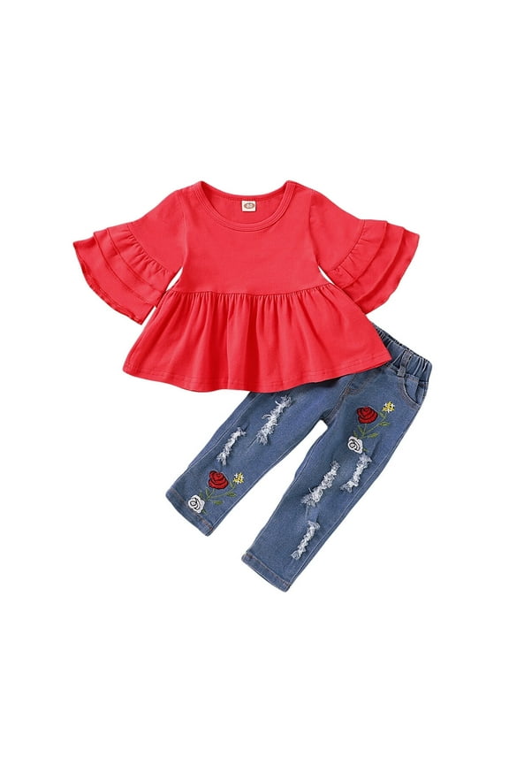 4T Baby Girl Clothes Baby Girl Outfits Ruffle Long Sleeve Shirt Top Jeans Pants 2PCS Clothing Set 4-5T Baby Girl Clothes