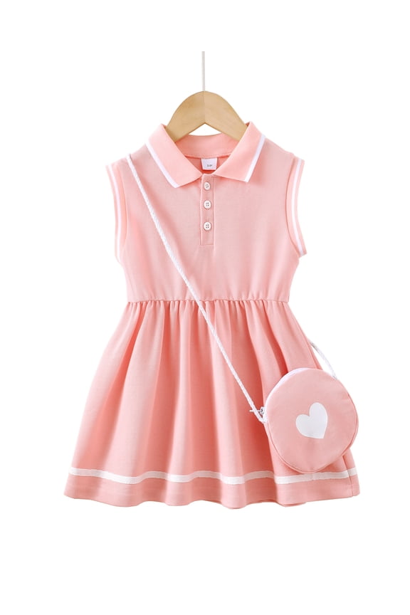 4T Baby Girl Dress 5T Girls Sleeveless Dress Solid Color Polo Dress Toddler Girls Summer Lapel Casual Dress with Cute Bag Light Pink
