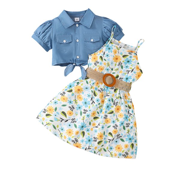 4T Baby Girls Clothes 4T Girls 2PCS Summer Outfits Set Toddler Girls Short Sleeve Top Suspender Floral Dress Set Blue