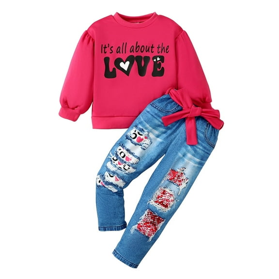 4T Baby Girls Clothes 4T Girls Fall Winter Pant Set Toddler Girls Long Sleeve Round Neckline Letter Print Top Ripped Pants 2PCS Set Rose Red