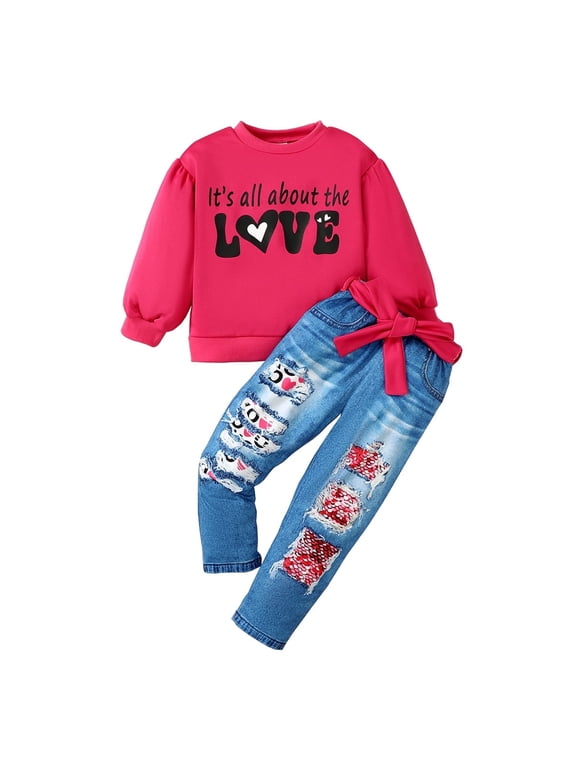 4T Baby Girls Clothes 4T Girls Fall Winter Pant Set Toddler Girls Long Sleeve Round Neckline Letter Print Top Ripped Pants 2PCS Set Rose Red