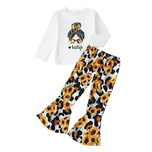 4T Baby Girls Clothes 5T Girls 2PCS Fall Winter Outfits Set Letter Print Round Neck Toddler Girls Long Sleeve Top Bell-bottomed Pants Set White