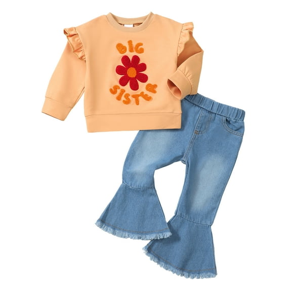 4T Baby Girls Clothes 5T Girls 2PCS Fall Winter Outfits Set Round Neck Toddler Girls Long Sleeve Top Denim Pants Set Apricot
