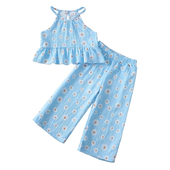 4T Baby Girls Clothes 5T Girls Pant Set Outfits Set Toddler Girls Sleeveless Halter Solid Color Top Floral Pants 2PCS Set Blue
