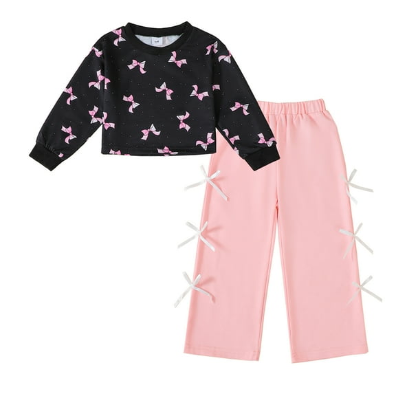 4T Baby Girls Clothes 5T Girls Pant Set Toddler Girls Long Sleeve Round Neckline Bowknot Print Top Pants 2PCS Outfits Set Black
