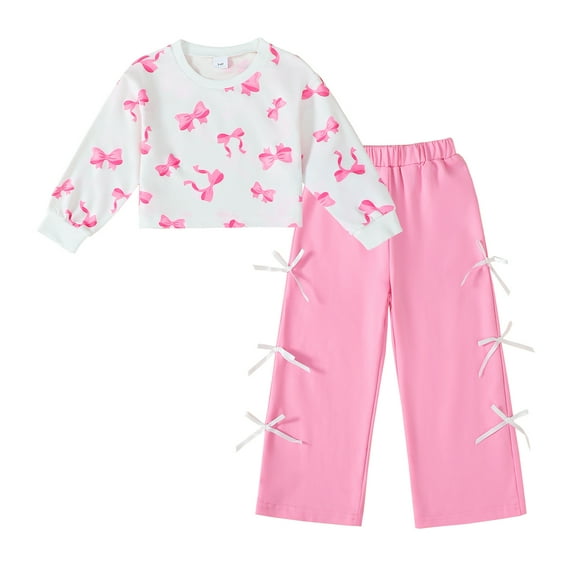 4T Baby Girls Clothes 5T Girls Pant Set Toddler Girls Long Sleeve Round Neckline Bowknot Print Top Pants 2PCS Outfits Set Pink