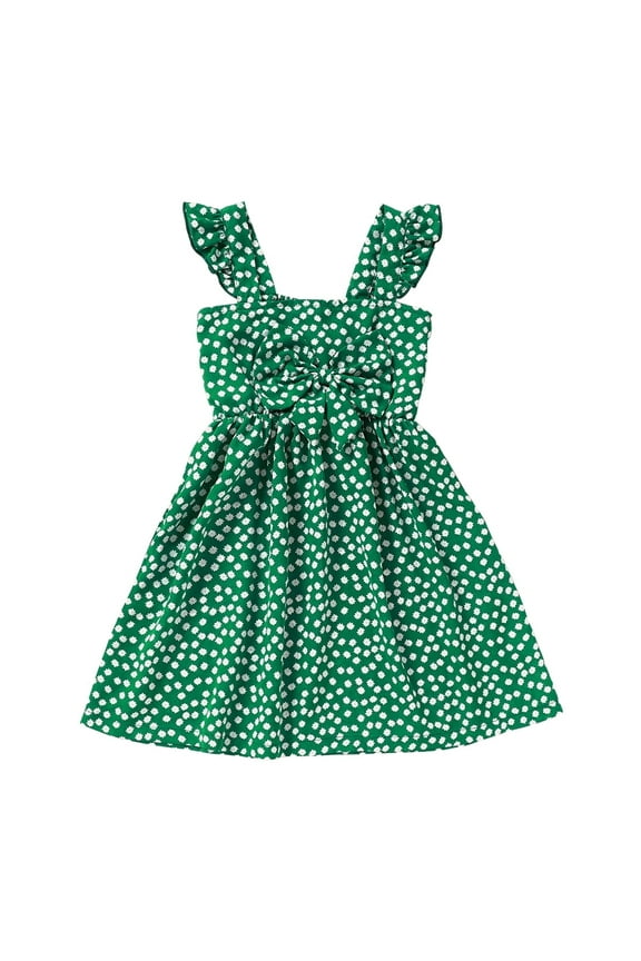 4T Baby Girls Clothes 5T Toddler Girls Dress Summer Sleeveless Dress Cute Bowknot Floral Strap Dress Green