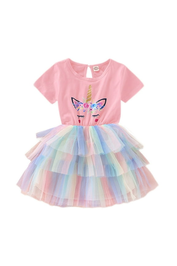 4T Baby Girls Clothes 5T Toddler Girls Summer Dress Short Sleeve Dress Unicorn Dress Tulle Dress Pink Dress
