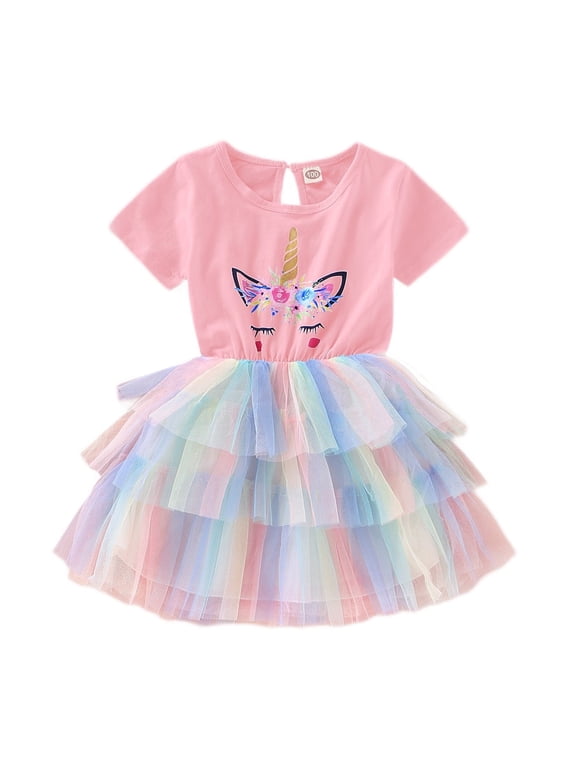 4T Baby Girls Clothes 5T Toddler Girls Summer Dress Short Sleeve Dress Unicorn Dress Tulle Dress Pink Dress