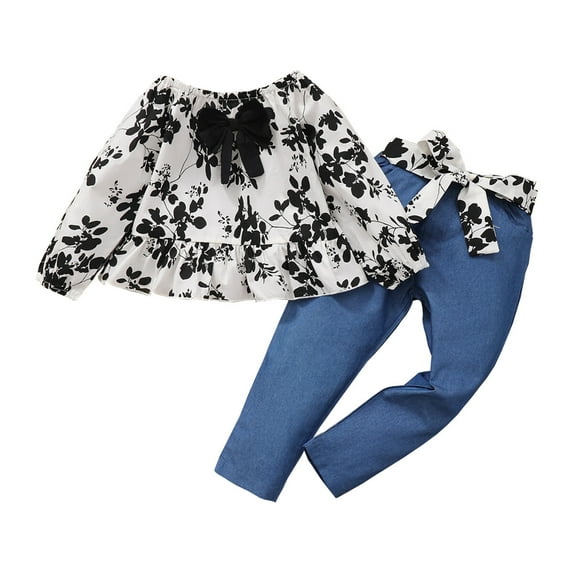 4T Baby Girls Clothes Baby Girls 2PCS Outfits Long Sleeve Floral Tops Pants Set 4-5T Baby Girls Fall Clothes Set Blue