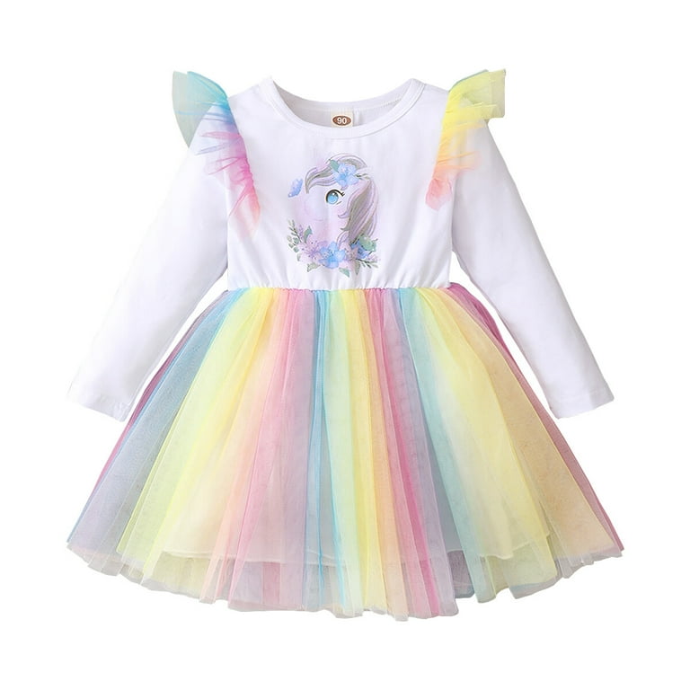 4T Baby Girls Clothes Baby Girls Dress 4 5T Girls Unicorn Print Long Sleeve Dress Rainbow Tulle Dress White