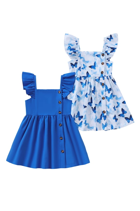 4T Baby Girls Dress 5T Girls 2 Pack Sleeveless Dress Butterfly Print Toddler Girls Solid Color Dress Blue