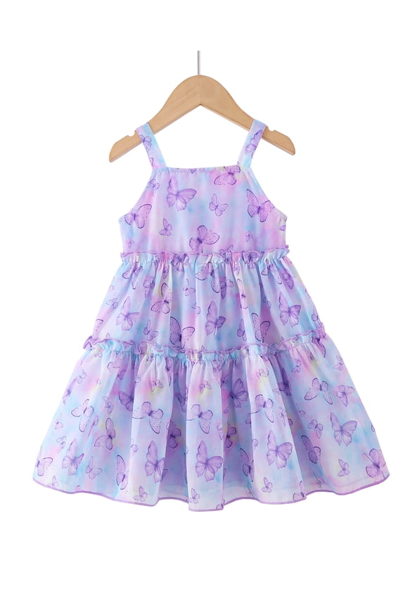 4T Baby Girls Dress 5T Girls Sleeveless Dress Butterfly Print Toddler Girls Summer Floral Dress Suspender Dress Purple