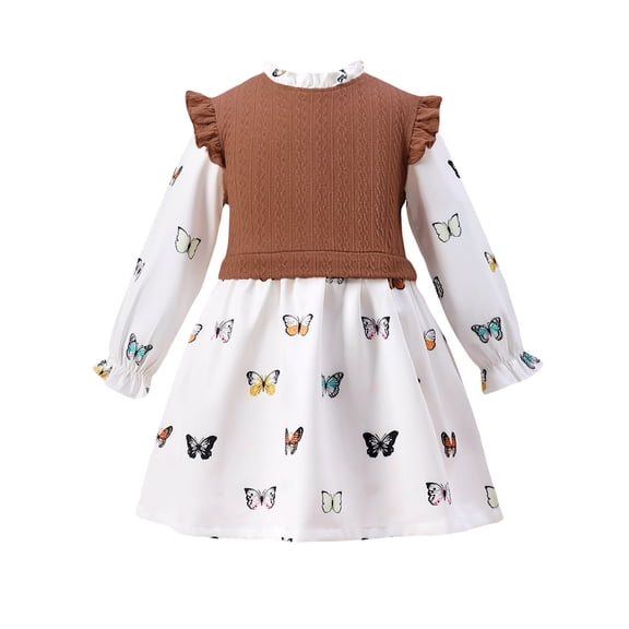 4T Baby Girls Dress Toddler Girls Long Sleeve Dress 4T Girls Butterfly Print Fall Winter Dress White