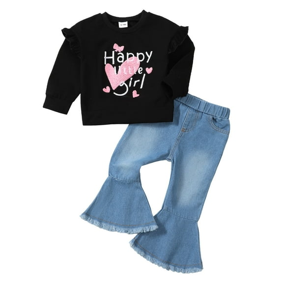4T Baby Girls Outfits 5T Girls Fall Winter Clothes Toddler Girls Ruffle Long Sleeve Cute Top Jeans Bell-bottomed Pants 2PCS Set Black
