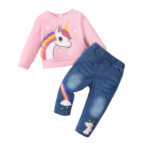4T Baby Girls Outfits 5T Girls Fall Winter Pant Sets Toddler Girls Long Sleeve Unicorn Print Top Jeans Pants 2PCS Set Pink