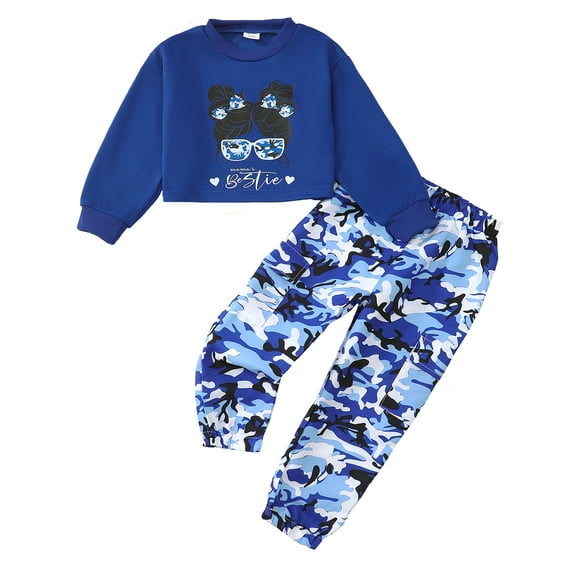 4T Baby Girls Outfits 5T Girls Pant Sets Toddler Girls Long Sleeve Letter Print Top Camouflage Pants 2PCS Set Blue