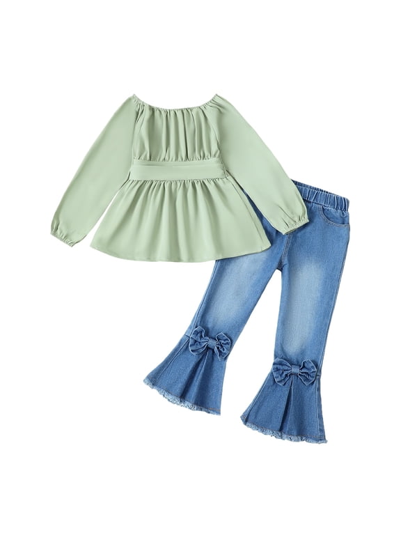 4T Baby Girls Outfits Toddler Girls Fall Winter Clothes 4-5T Girls Long Sleeve Solid Color Top Jeans Bell-bottomed Pants 2PCS Set Green
