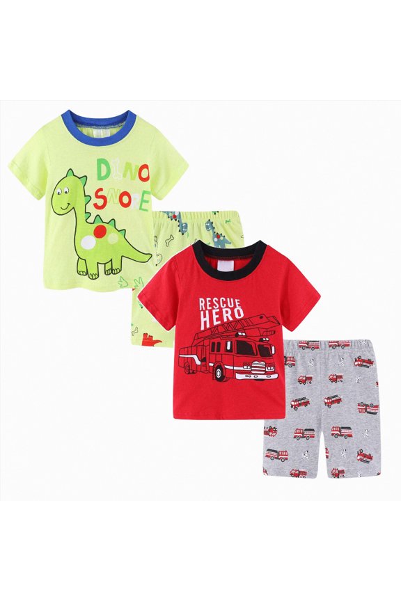 4T Boys Clothes Summer Kids Boys Outfit Sets, 4-Piece Graphic Summer Shirts and Shorts Sets Red Size 2-7 T