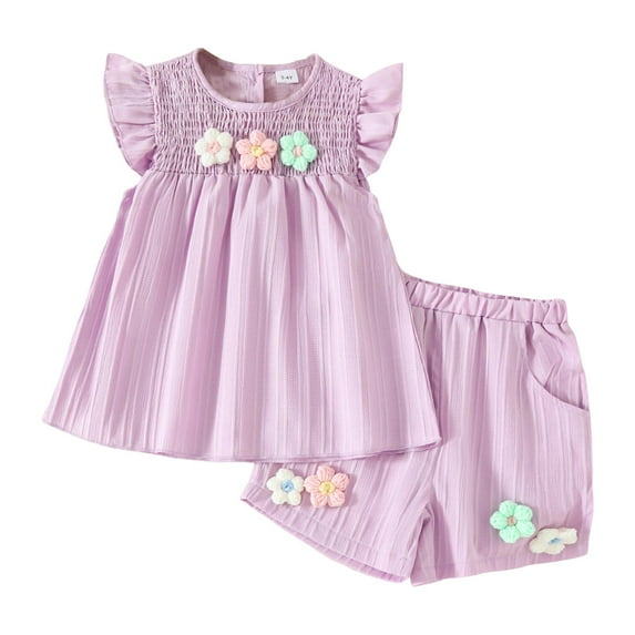 4T Summer Outfits For Girls Toddler Baby Girl Summer Clothes Flower Embroidery Sleeveless Smocked Tops and Shorts Set Cute Two Piece Outfit