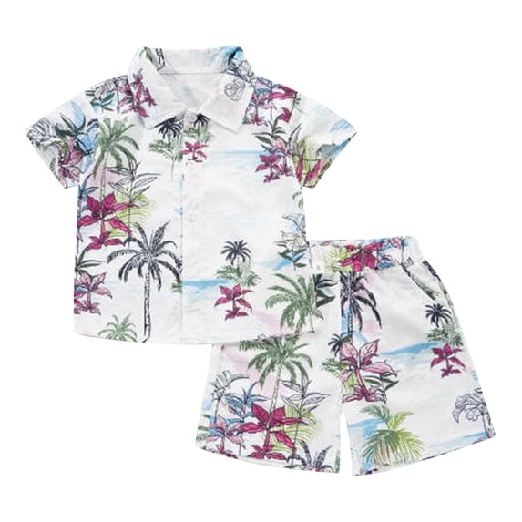 4T Summer Outfits for Boys, Boys Hawaii Outfit 2Pcs Set Summer Beach Button Down Shirt Top + Shorts Girls Back To School Clothes