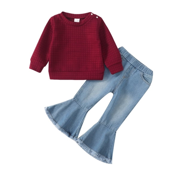 4T Toddler Baby Girls Clothes Baby Girls Outfits 4-5T Baby Girls Long Sleeve Round Neckline Top Jeans Pants 2PCS Set Red