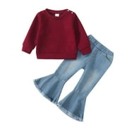 SAEABY 4T Toddler Baby Girls Clothes Baby Girls Outfits 4-5T Baby Girls Long Sleeve Round Neckline Top Jeans Pants 2PCS Set Red