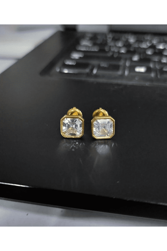 4TCW Ascher Cut Lab Created White Diamond Women's Men's Solitaire Stud Earrings in 14k Yellow Gold Plated