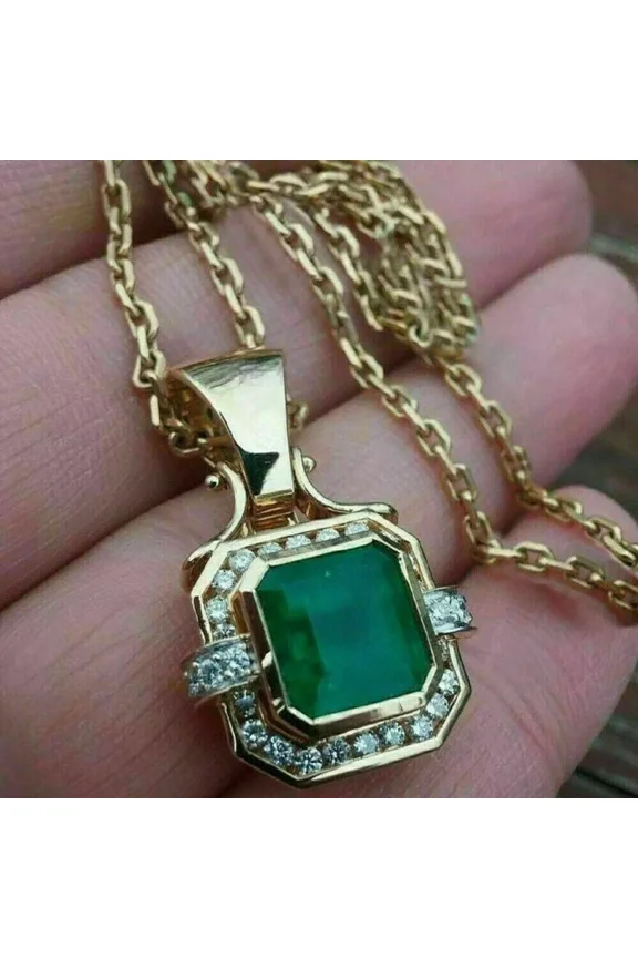 4TCW Asscher Cut Lab Created Green Emerald Women's Pendant 14K Yellow Gold Plated