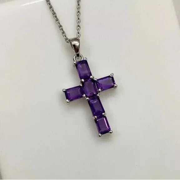 4TCW Emerald Cut Lab Created Amethyst Men's Cross Pendant in 14K White Gold Plated