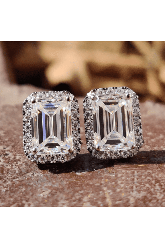 4TCW Emerald Cut Lab Created Diamond Halo Stud Earrings in 14K White Gold Plated