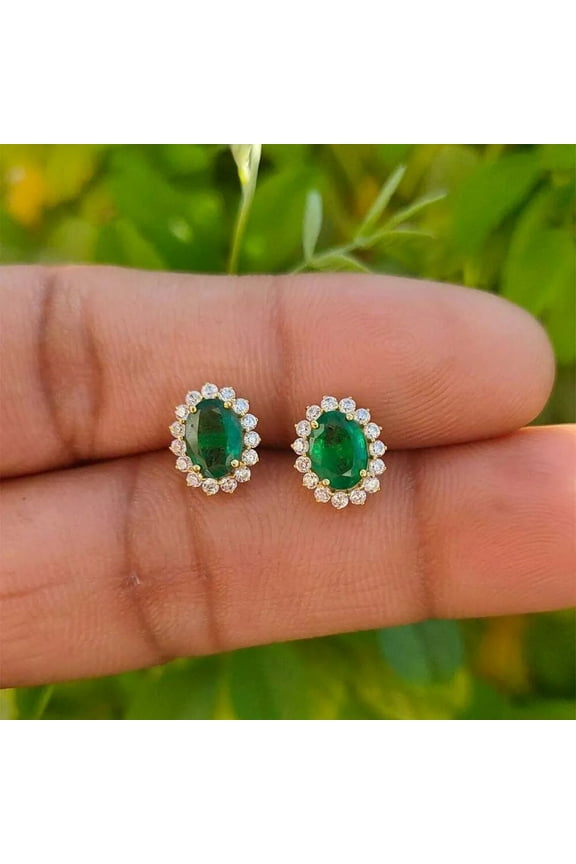 4TCW Oval Cut Lab Created Green Emerald & Diamond Halo Stud Earrings in 14K Yellow Gold Plated