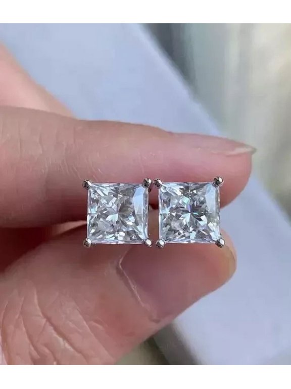4 ct. t.w Princess Cut Solitaire Stud White Moissanite Earrings 14k White Gold Plated