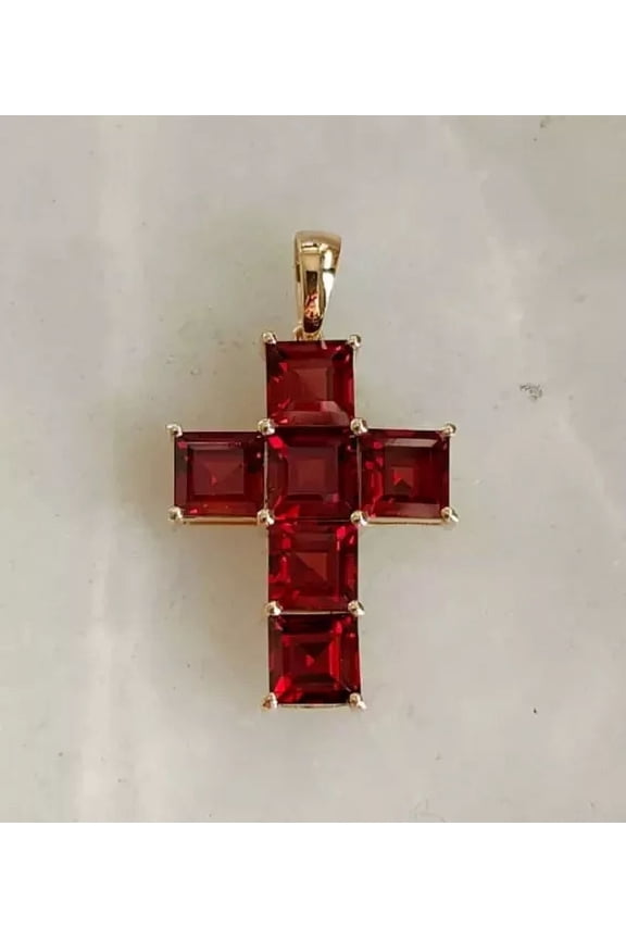 4TCW Princess Cut Lab-Created Garnet Women's Cross Pendant in 14K Yellow Gold Plated
