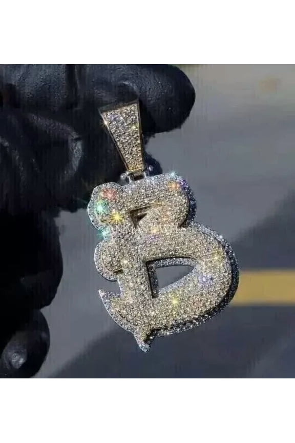 4TCW Round Cut Lab Created Diamond Men's B Initial Letter Pendant in 14K White Gold Plated 2 inch