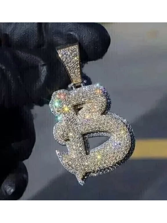 4TCW Round Cut Lab Created Diamond Men's B Initial Letter Pendant in 14K White Gold Plated 2 inch