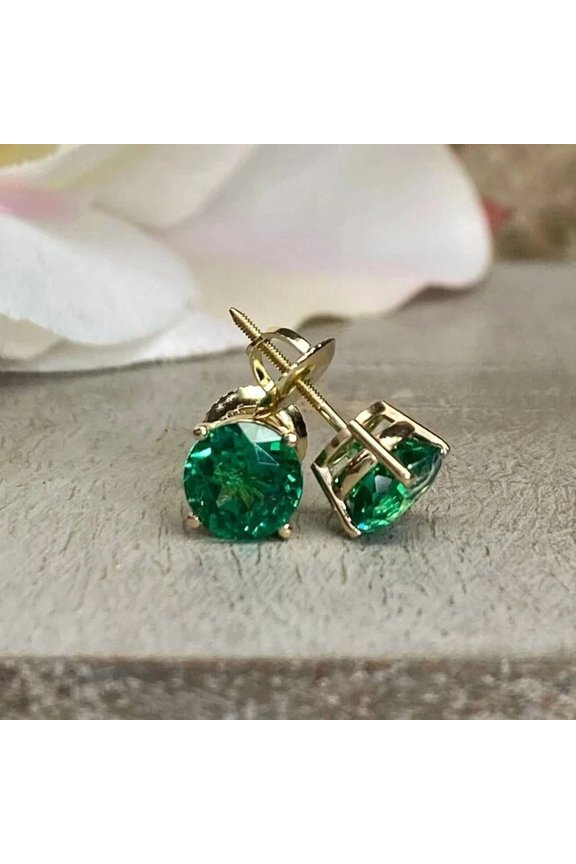 4TCW Round Cut Lab Created Green Emerald Stud Earrings 14K Yellow Gold Plated