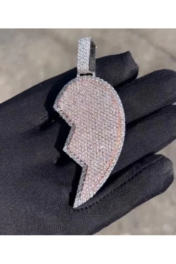 4TCW Round Cut Lab Created White Diamond Half Broken Heart Pendant in 14K White Gold Plated 1.5 inch