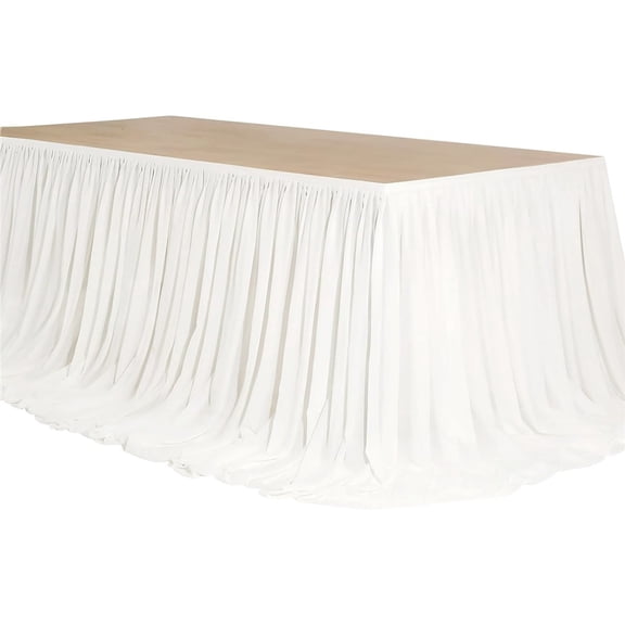 4TF Extra Long White Chiffon Table Skirt with Pooling Tulle Tablecloth for Wedding, Birthday, and Cake Table Decorations